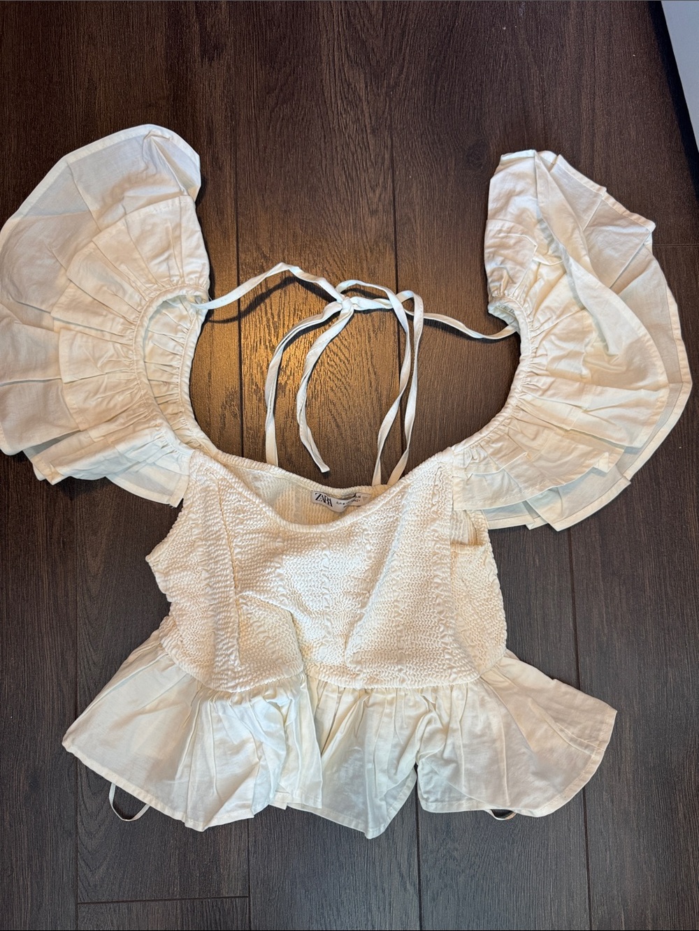 Zara White Smocked Peplum Top with Ruffled Sleeves